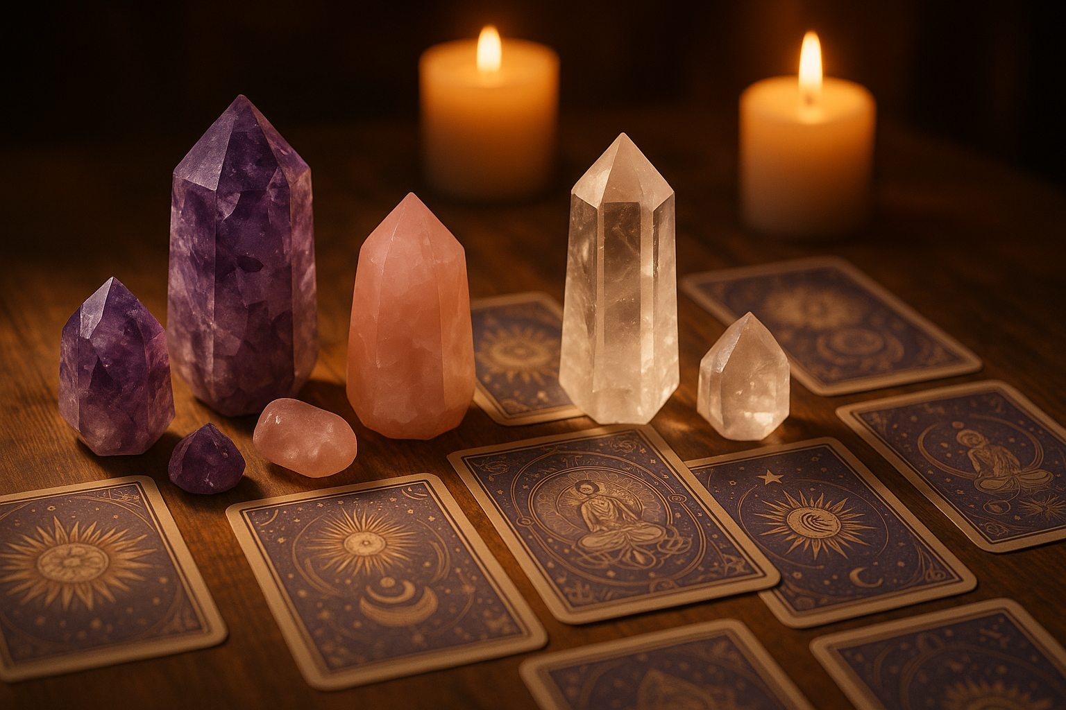 crystals, cards, soft lighting